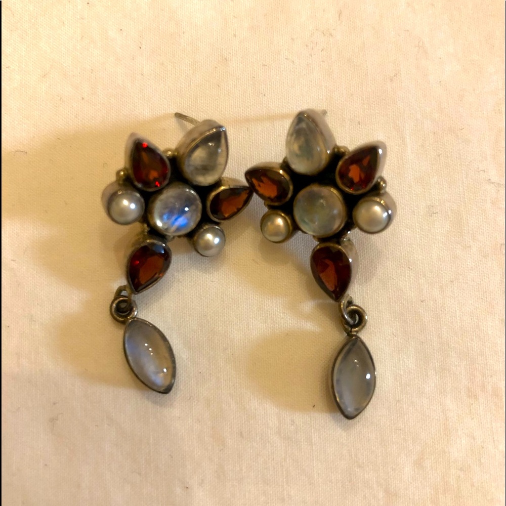 Sterling Moonstone, Pearl and Garnet Earrings